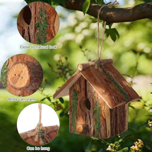 DoubleFill 1 Pcs Birdhouses for Outside Wooden Bird House with Moss Accent Hanging Design Birdhouse Natural Bark Finish Warm and Waterproof Rustic Bluebird House Cardinal Wren Hummingbird Garden