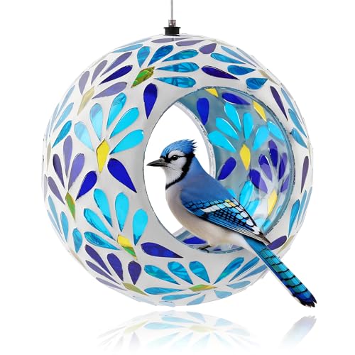 VOREEN Mosaic Glass Bird Feeder, Handcrafted Hanging Fly-Through Feeder for Outdoor Garden & Backyard, Decorative Wild Bird Feeder with Steel Wire Cable – Cool Blue Leaf Mosaic Style - color: Blue peacock