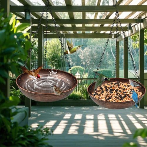 12" Metal Hanging Bird Bath with Chains and Hook | 2" Deep Bowl, 0.7Gal Capacity, 3 Chain Support, Easy Cleaning, Rust Resistant, Garden Decor - size: 12"