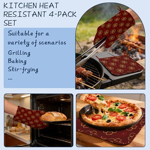 Gold Cherry Blossoms Oven Mitts and Pot Holders Sets,Extra Long Red Flowers Kitchen Mittens for Cooking,Thick Cotton Heat Resistant Silicone Cooking Utensils Set for Baking Cooking Grilling - color: Gold Cherry Blossoms