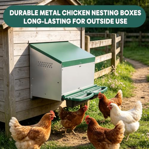 Chicken Nesting Box, 2 Holes Nesting Boxes, Heavy Duty Metal Laying Boxes, Roll Away Nesting Box Egg Collection Tray, with Roosting Pole for Chicken Coop(Green) - size: 22.0"L x 25.5"W x 18.5"H