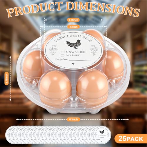 Zhehao 25 Pack Round Egg Cartons with Date Stickers Clear Plastic Half Dozen Egg Cartons Bulk Reusable Holders Fresh Eggs Storage for Family Pasture Farm Markets Display