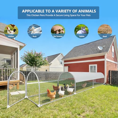 Metal Chicken Coop with Run, 9.8x2x2ft Chicken Run for Yard with Waterproof and Anti-Ultraviolet Cover for Outside,Backyard and Farm, Chicken Pen for Ducks, Rabbits (Silver, 24 * 26 * 118inch)