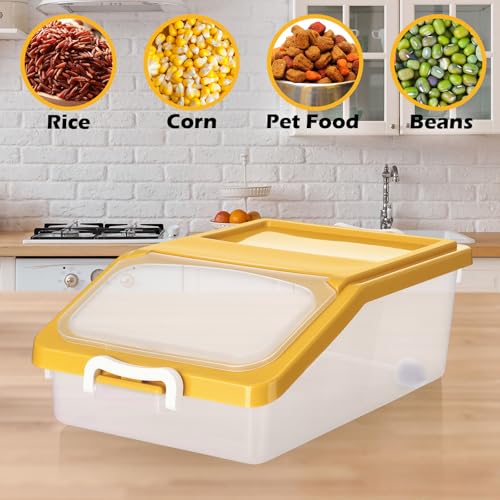 3 Pcs Rice Storage Container 11 lb Airtight Flour Container with Wheels Measuring Cup Clear Pet Food Dog Cat Birds Food Bin Grain Cereal Organizer Box for Dry Baking Supplies(Yellow) - color: Yellow