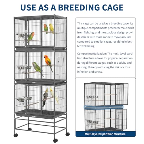 74 Inch Large Bird Cage, Large Flight Aviary with 3 Dividable Compartments for Parakeets Cockatiels Conures Finches, Heavy Duty Breeder Cage with Slide Out Trays for Multi Bird Homes, Black - color: Black