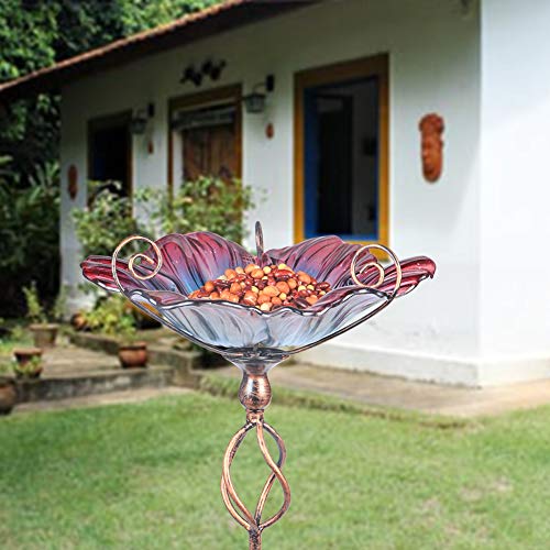 Glass Birdbath Birdfeeder with Metal Stake Garden Yard Outdoor | 31inch height stain glass bird bath for outside, flower bird bath bowl,attract wild birds and beautify outdoor gardens - color: Multi
