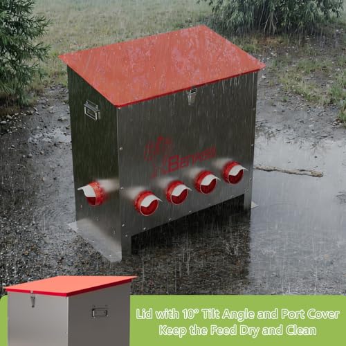 150LB Automatic Chicken Feeder, No-Waste Metal Poultry Feeder with 6 Ports, Predator-Proof Latch & Weatherproof Design, Includes Anti-Tip Ground Stakes & Vegetable Hanging Feeder - size: 150LB-6 Ports