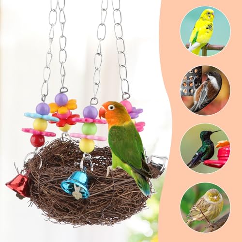 Hypeety Natural Rattan Nest Bird Swing Toy Colorful Flowers Bells for Budgie Parakeet Finch Lovebird Cockatiel (C) - color: C