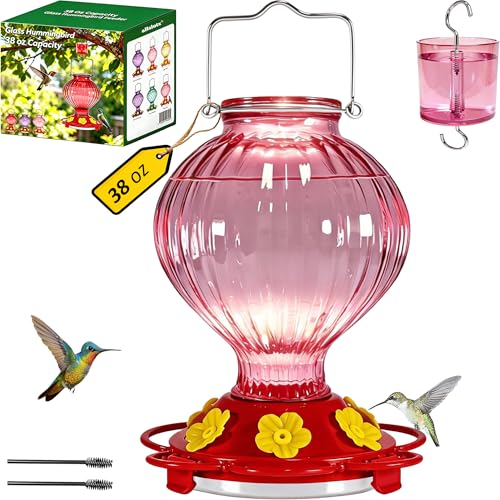 Glass Hummingbird Feeder for Outdoors Hanging, 38 oz Nectar Capacity, 6 Feeding Ports, Leak-Proof Rust-Free Plastic Base, Easy to Refill & Clean, Decorative Pink Glass Bird Feeder for Garden Patio - color: Pink, size: 38 Fluid Ounces