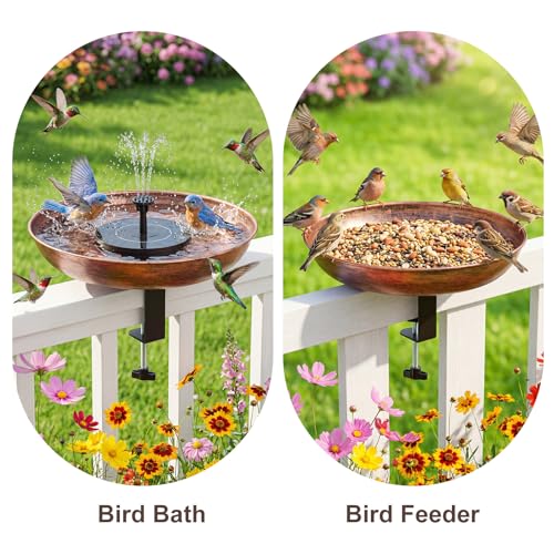 Edenseelake Deck Mounted Metal Bird Bath with Solar Powered Fountain for Outside, Detachable Birdbaths Bowl with Adjustable Steel Clamp for Feeder Railing Balcony Fence Yard