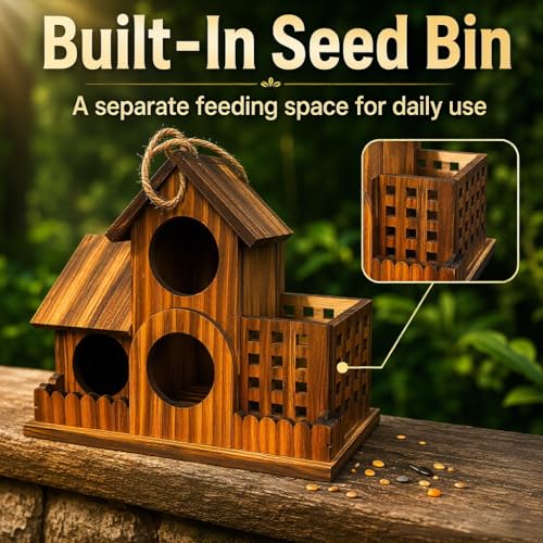 Outdoor Wooden 3 House Bird House, Carbon Wood for Hummingbirds Blue Birds and Other Small Birds, with Cleaning Gate, Food Storage, Garden Forest Natural Bird Watching Decoration