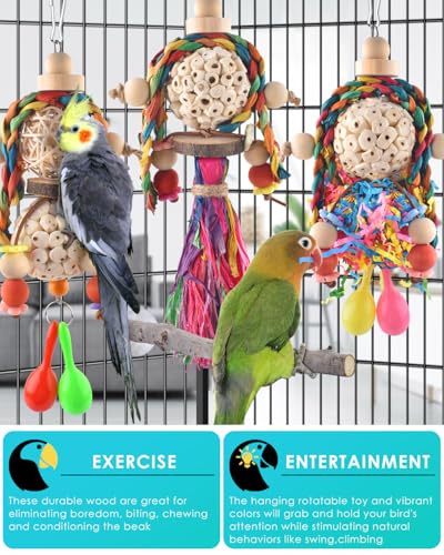 Bissap 3PCS Bird Parrot Foraging Shredder Hanging Toys Sola Balls with Sand Hammer for Small Parrots Parakeets Conures Cockatiels Love Birds Cage Toy - size: 3 PCS