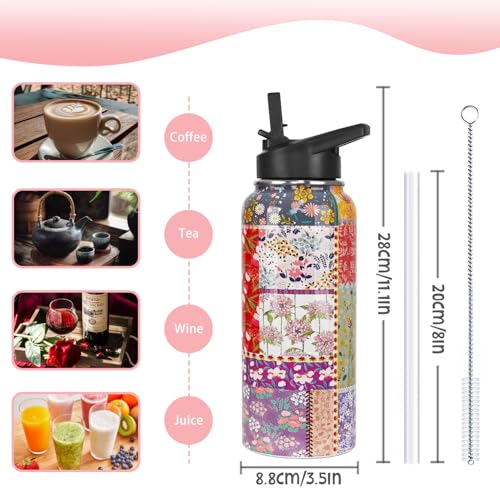 Boho Pioneer Water Bottle with Straws Insulated Sports Bottle Boho Flower Travel Thermal Double Walled Vacuum Cup Leak Proof Stainless Steel Tumbler Mom Gifts-32 oz - color: Red