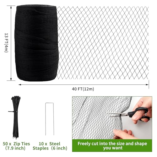 Bird Netting for Garden Protection - 13 x 40 FT Heavy Duty Poultry Bird Netting for Chicken Coop with Ties & Staples, Garden Net Mesh for Fruit Trees Plants Vegetables Against Birds Deer