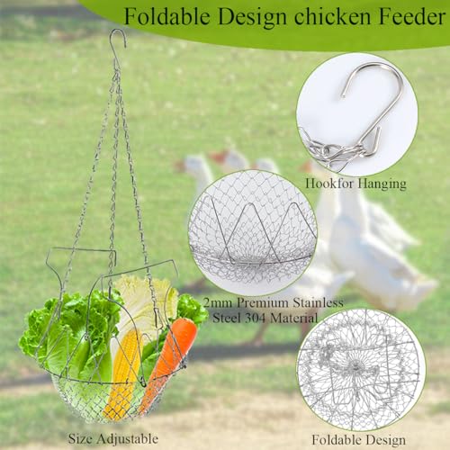 chicken treat dispenser hanging, 9.5in Large Foldable Chicken Ball Vegetable Treat Holder Ball with Hanging Stainless Chain,Sturdy Poultry Cabbage Feeder Basket for Chicken Coop(2 Pack Large)