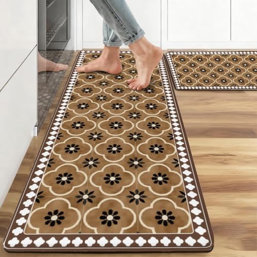 Classic Quatrefoil Anti Fatigue Kitchen Rugs, 17.3"x47"+17.3"x29" | Non Slip Comfort Washable Waterproof Floor Kitchen Decor Mat, Warm Brown Rug Set of 2 for Home, Sink, Laundry - color: Warm Brown