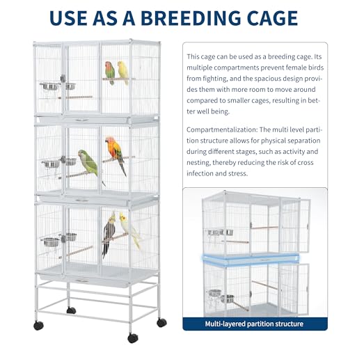 74 Inch Large Bird Cage, Large Flight Aviary with 3 Dividable Compartments for Parakeets Cockatiels Conures Finches, Heavy Duty Breeder Cage with Slide Out Trays for Multi Bird Homes, White - color: White