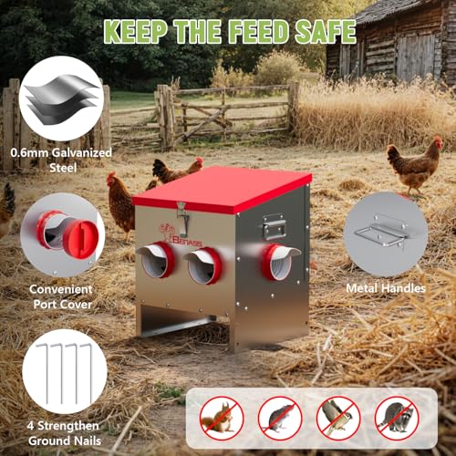 30LB Automatic Chicken Feeder, No-Waste Metal Poultry Feeder with 4 Ports, Predator-Proof Latch & Weatherproof Design, Includes Anti-Tip Ground Stakes & Vegetable Hanging Feeder - size: 30LB-4 Ports
