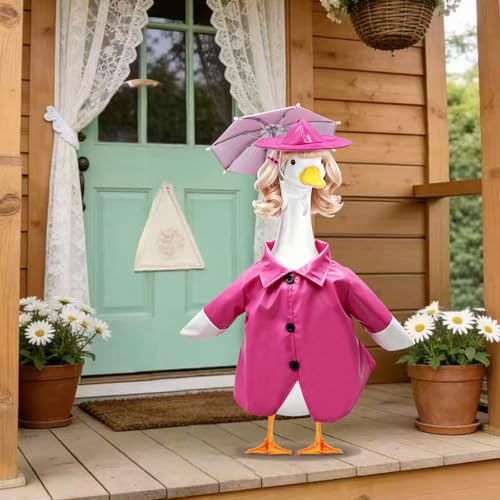 4 Pcs Porch Goose Raincoat with Wigs, Outfits and Clothes, Spring Summer Goose Statue Raincoat Costume, 23" Geese Statue Clothes for Patio Yard Lawn Outdoor Decor (Pink) - color: Pink