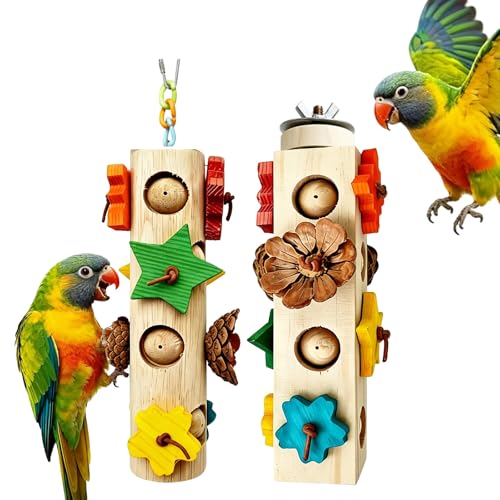 2 Pcs Wooden Bird Chew Toys(Round and Square) | with Colorful Wood Blocks Pine Cones Parakeet Chew Foraging Toy for Beak-Grinding,Cage Accessories - color: Colorful