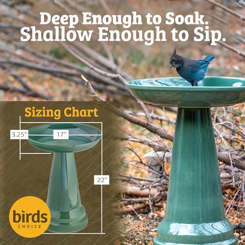 Birds Choice Ohio Stoneware Pedestal Bird Bath | 22in x 17in | Blue | Weather-Resistant Glazed Ceramic Clay, Stable Locking Top, Suits Outdoor Gardens and Patios - color: Summer Blue