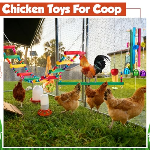 VioraWhite 9 Pcs Chicken Toys for Coop, Wind Chime, Chicken Mirror Toys with Bells, Beak Grinding Stones Swing Vegetable Net Bag, Vegetable Fruits Hanging Fork for Hens Bird Parrot