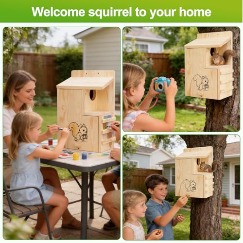 Large Wooden Squirrel House for Outside, Predator Guard Squirrel Nesting Box, Easy Assembly Outdoor Shelter for Squirrels & Chipmunks, Weatherproof Pine Wood Wildlife Habitat