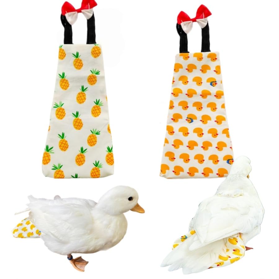 2 Pack Chicken Diapers for Hens, Roosters, Diapers for Ducks, Ducklings, Reusable Pet Diaper with Bow Ties Waterproof Poultry Nappies for Geese Pet Ducks,Pineapple&Yellow Duck,L - size: L