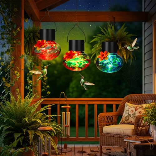 Nuogo 3 Pcs 3.54 Inch Blown Glass Hummingbird Feeders Solar Powered Hummingbird Feeder with LED Light for Garden Outdoors Window Decor Valentine Hanging Gifts Ant and Bee Resistant(Stylish Colors) - color: Color B, style: Classic
