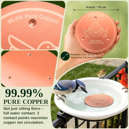 Copper Disc for Bird Bath, 99.9% Pure Copper (Two Birds) | 3‑Point Stable Base, Fits Bird Baths & Bowls, Reduces Mineral Buildup, Gift for Bird Lovers, Outdoor Garden Use - color: Copper Two Birds