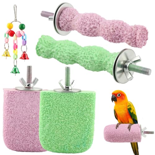 4 Pcs Bird Beak Grinding Stones, Small & Medium Bird Parrot Cage Perch | Bird Cage Stand Plat Form Foot Claws Trimmer with Swing Bell