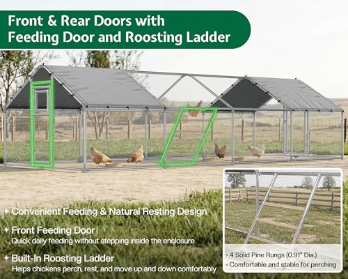 26x10 FT Extra Large Walk-in Chicken Coop with Spire Roof Cover | Front and rear doors, feeding door, roosting ladder and galvanized frame support easier poultry care and access - size: 298.4"L x 118.1"W x 77.6"H