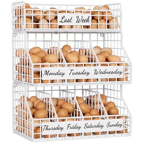 Egg Basket, Stackable Wall Mount Countertop Egg Holder with Weekday Labels | Rustproof carbon steel basket with adjustable dividers, ideal for farm eggs, backyard poultry, small kitchen & pantry storage - color: White, size: 3-Tier（with printed labels）