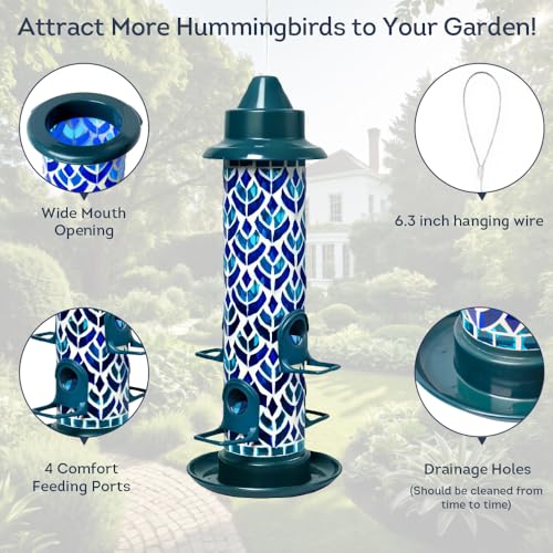 Lily's Home Blue Mosaic Tube Bird Feeder - Attracts Small Birds - 4 Feeding Ports, 3 or 4 Cups Capacity & 6'' Hanging Wire - Tube Bird Feeders for Outdoors Garden - Easy Refill - Twist-Off Cap - color: Blue