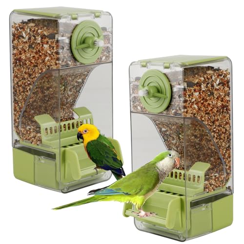 Bird Feeder No Mess 2PCS Automatic Clear Bird Seed Food Container Acrylic Parrot Feeder Dispenser Cage Accessories for Parakeet Budgies Cockatoo Canary Love Bird (Green) - color: Green