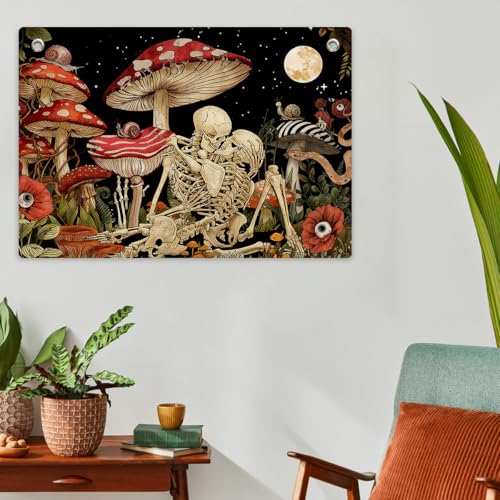 Gothic Skull & Mushroom Tapestry Banner Flag Dark Academia Skull Wall Decor | Moon Floral Elements Gift for Goth Fans, Witchy Souls Fantasy Art Lovers for Dorm Bedroom Party 28.5 x 20 Inch - color: Multi 0664