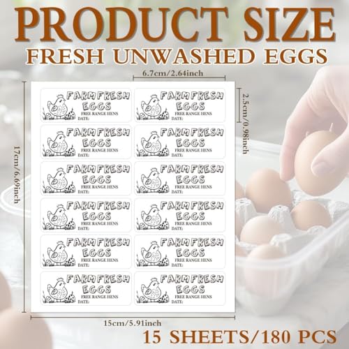 180 Pcs Farm Fresh Eggs Sticker, 1x2.64 Inch Unwashed Egg Carton Label PET Adhesive Egg Packaging Stickers Carton Farm Supplies for Egg Packing Box Container