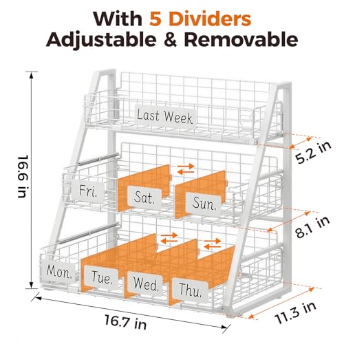 Egg Holder Countertop with 3 Pull-Out Tier Baskets, White | Sturdy Metal Frame, 5 Adjustable Dividers,7 Date Tags, Egg Basket for Gathering Fresh Eggs, Chicken Coop Accessories - color: White
