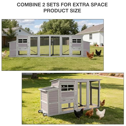 75" Large Chicken Coop with Run, Mobile Wooden Poultry Cage on Wheels, Sectionable Nesting Box, Weatherproof Roof, Easy Cleaning Tray for 3-6 Chickens, Easy Assembly - color: Grey (AIR31)