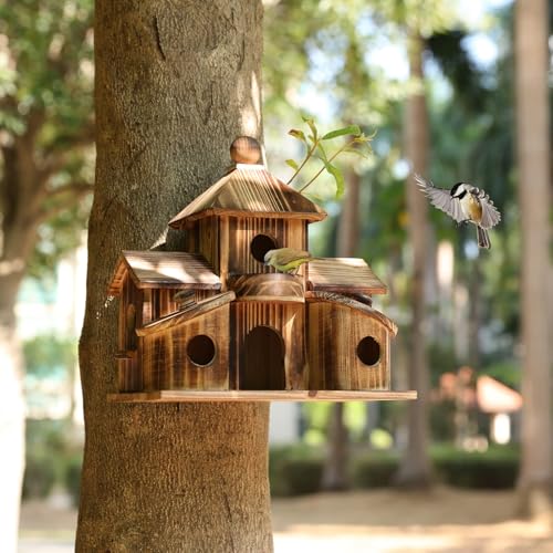 Bird Houses for Outside, 6-Hole Multi-Chamber Birdhouse for Small Birds | Cedar Wood Nesting Box, 1.22" Entrance Hole Fits Wrens & Chickadees, 11.02 x 7.08 x 9.25" Size, Garden & Backyard Placement