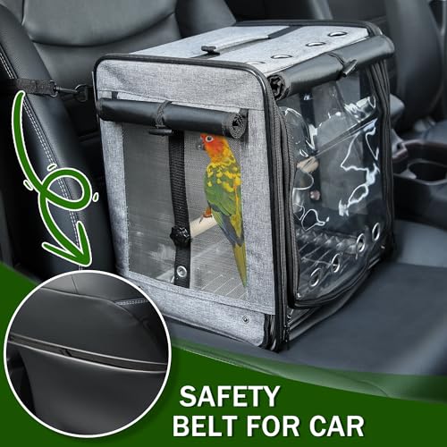 Bird Carrier with Seat Belt for Car Travel, Bird Backpack Carrier with Indestructible Stainless Steel Mesh, Large Bird Carrier Travel Cage, Grey - color: Grey, size: 13.5"L x 10.0"W x 15.5"H