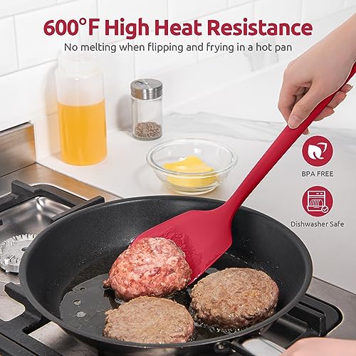 U-Taste Silicone Turner Spatula Set of 2, 13.6" Long/3.7" Wide, Red | 600ºF Heat Resistant Food Grade Silicone Cooking Utensils Set, Wide Large Solid & Slotted Turner Pancake Egg Flipper - color: Rose Red