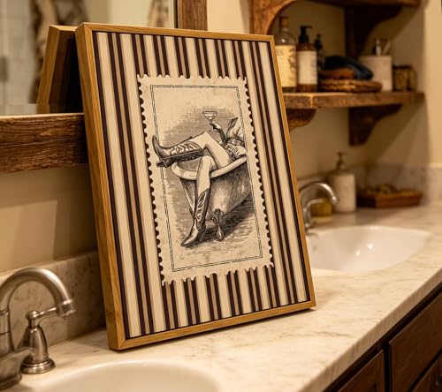 Floating Framed Cowboy Bathroom Canvas Wall Art, Funny Martini Cowgirl in Bathtub Painting Picture Wall Decor, Vintage Striped Postage Stamp Poster Print Artwork for Toilet, Home Decoration 8x10in - color: cowgirl, size: 10"L x 8"W