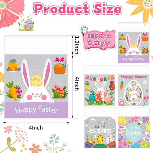 100PCS Easter Self Sealing Cookie Bags - 4x4 Inch Clear Cellophane Treat Bags with Happy Easter Bunny Designs for Candy Goodie Gifts Packaging, Ideal for Classroom Exchange, Party Favors - color: Easter - 100PCS