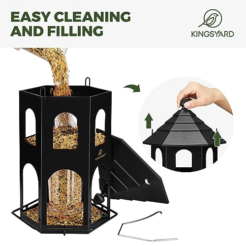 Kingsyard Metal Bird Feeder for Outdoor Hanging, Wild Bird Feeders with Circular Perch, Easy to Clean & Refill, 4 lbs Large Seed Capacity, Black - color: Black