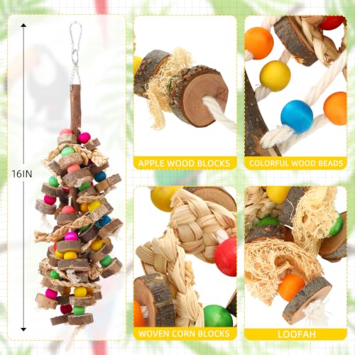 Soulchen 4 Pcs Extra Large Bird Parrot Toy Set Natural Wooden Chewing Toy, Rattan Ball, Wood Nut Loofah String (Bagged) for Large Medium Macaws, African Grey, Parrots (Wooden Block) - style: Wooden Block