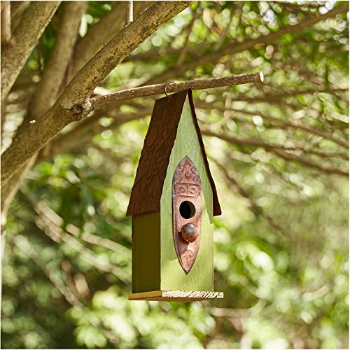Glitzhome Bird Houses for Outside, 13.25" H Distressed Green Solid Wood Bird House Pet Cottage Hand Painted Hanging Bird House for Outdoors - color: Green