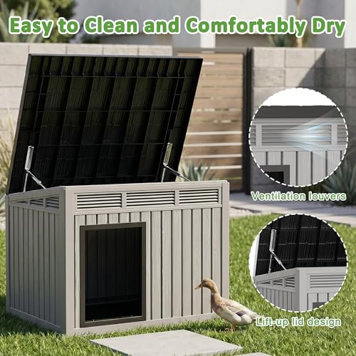VIXZEN Chicken Coop, Resin PP Material Outdoor Duck House, Wood Grain Finish Sloped Roof Poultry Shelter, Gas Strut Top Opening Ventilated Duck Coop with Spacious Interior & Easy Assembly（Grey） - color: Grey, size: 42.9"L x 33.0"W x 31.6"H