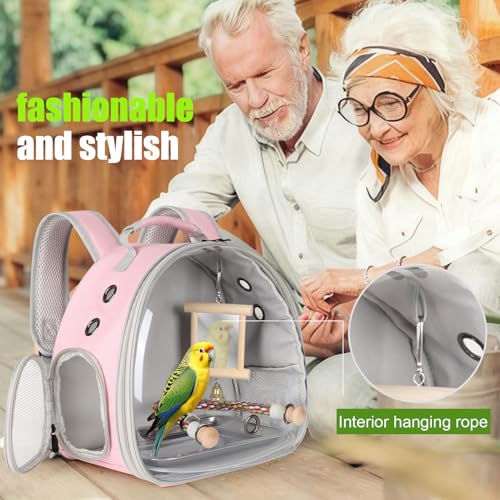 Portable Parrot Travel Cage Carrier with Mirror Standing Toy Set Small Bird Parakeet Bag with Standing Perch Bird Carry Transport Bag (Pink, Backpack/Mirror) - color: Pink, size: 12.0"L x 8.0"W x 12.0"H