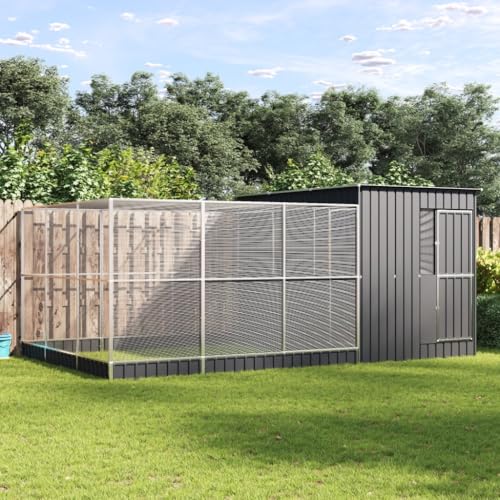 Galvanized Steel Aviary with Extension Silver | Walk In Bird Cage, Lockable Door, Steel Mesh Grid, Suitable For Rabbits Ducks Chickens - size: 195.7" x 119.3" x 85"